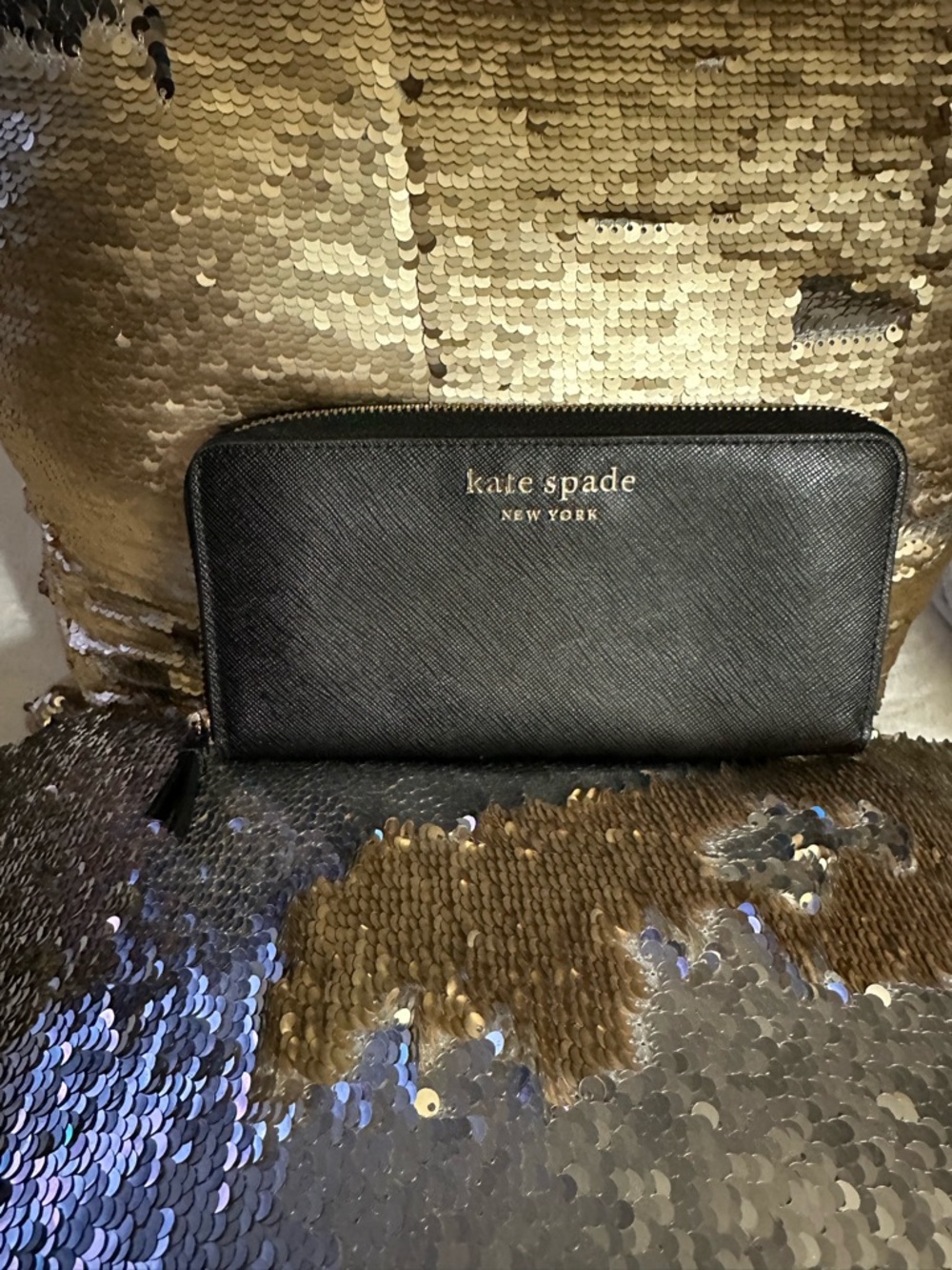 kate spade black zip wallet with gold logo